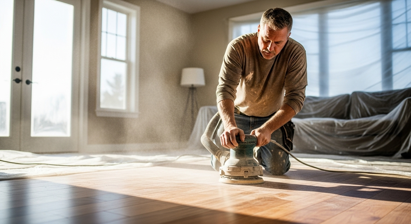 Hardwood floor sanding and refinishing process